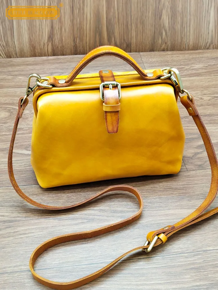 Cowhide Genuine Leather Women Single Shoulder Crossbody Bag Handmade Vintage Doctor Bag Buckle Office Ladies Tote Boston Bags