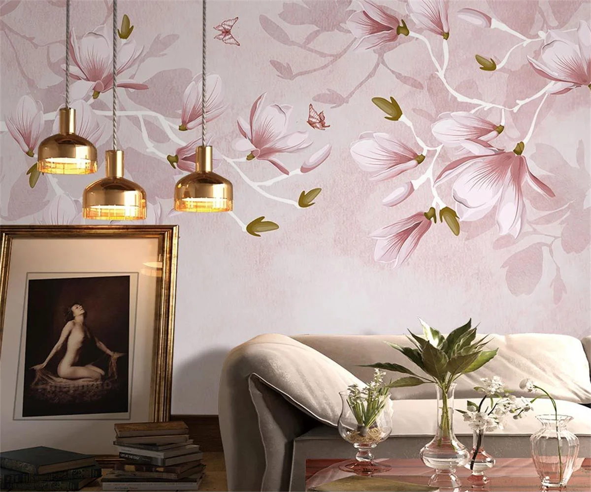 Beibehang Papel De Parede Custom New Nordic Pink Magnolia Flower Pastoral Wall Paper Romantic Interior Background Wallpaper
