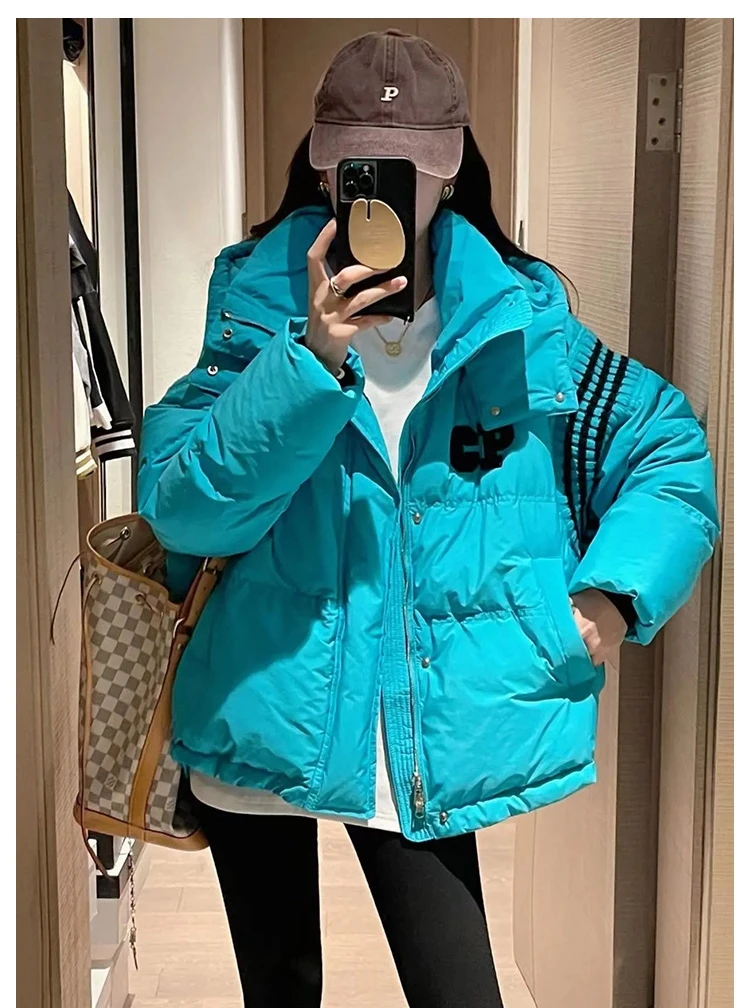 

Белое пуховое пальто Du Down Jaet, женское теплое пальто с капюшоном в полоску с надписью CP Sle для поездок на работу, полиэфирное волокно