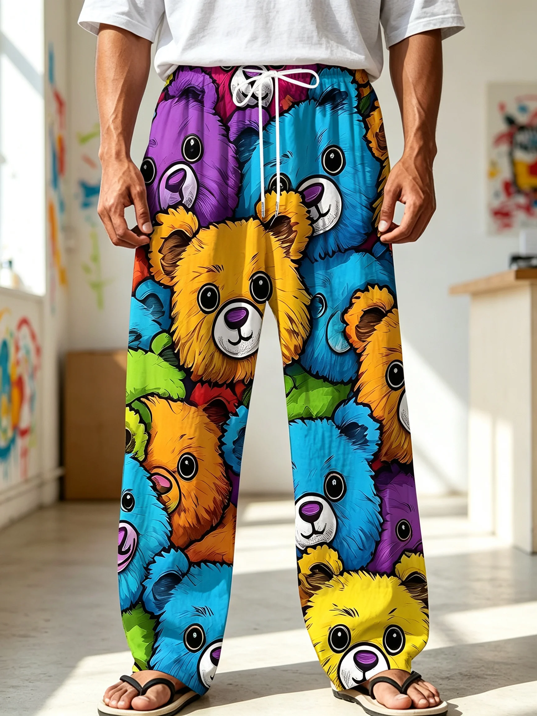 Men'S Casual Loose Pants, Colored Bear Head Cartoon Animal | Hip-Hop Style, All-Over Print, Slightly Stretchy Fabric