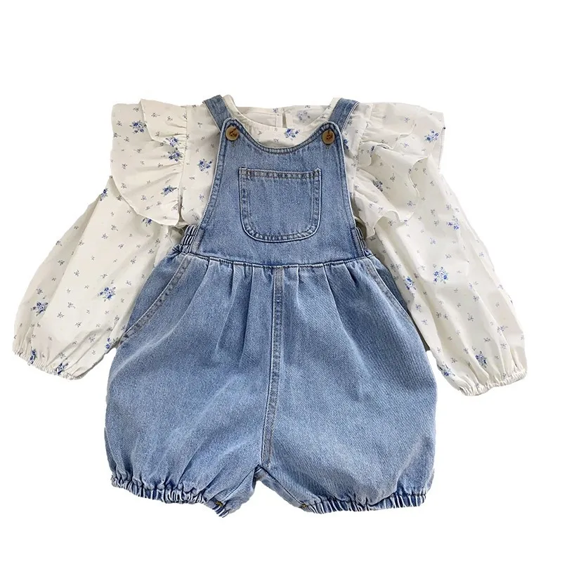 Kids Girls Clothing Suit 1-8Y Floral Print Tiered O-Neck Puff Sleeve Shirt+Solid Denim Jumpsuit Fashion Children Spring Clothes