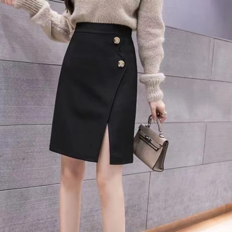 Skirts Women Spring High Waist Temper Button Simple Cleanfit Casual Korean Style Wrapped Hip All-match Slit-side A-line Faldas