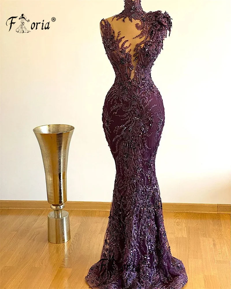 Luxury Evening Dress Purple Dubai 3D Appliques Lace Formal Occasion Gowns Beads Plus Size Long Prom Dresses Robe Soiree Femme