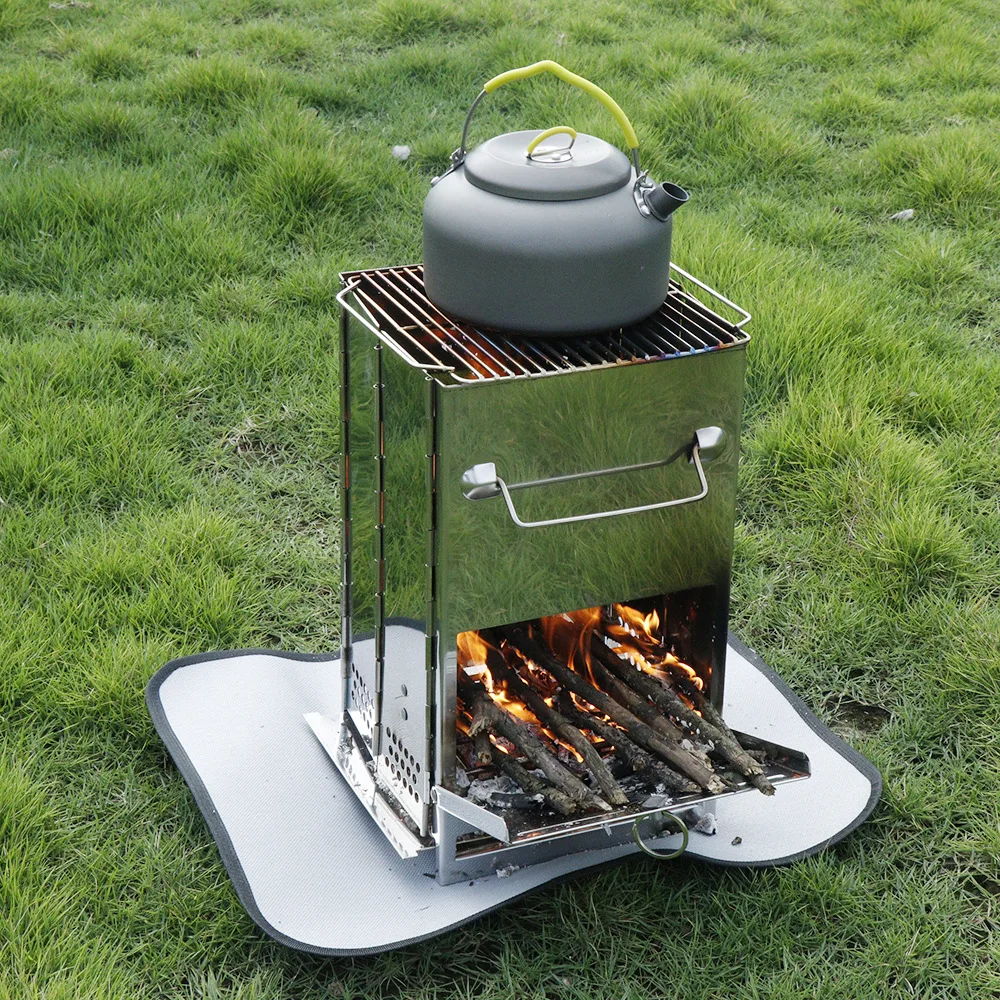 

Stainless Steel Square Barbecue Stove Heightened Wood Stove Camping Convenient One-piece Folding Charcoal Stove