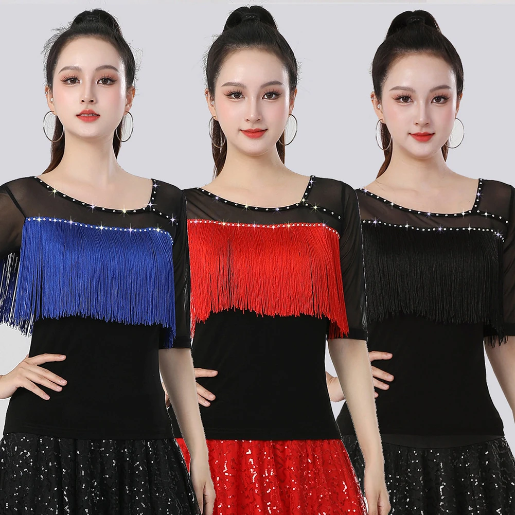 Black Line Dance Top Women's Crew Neck Red Middle Sleeve Latin Dance Top Mesh Rhinestone Blue Three-Step Tassel Samba Shirt
