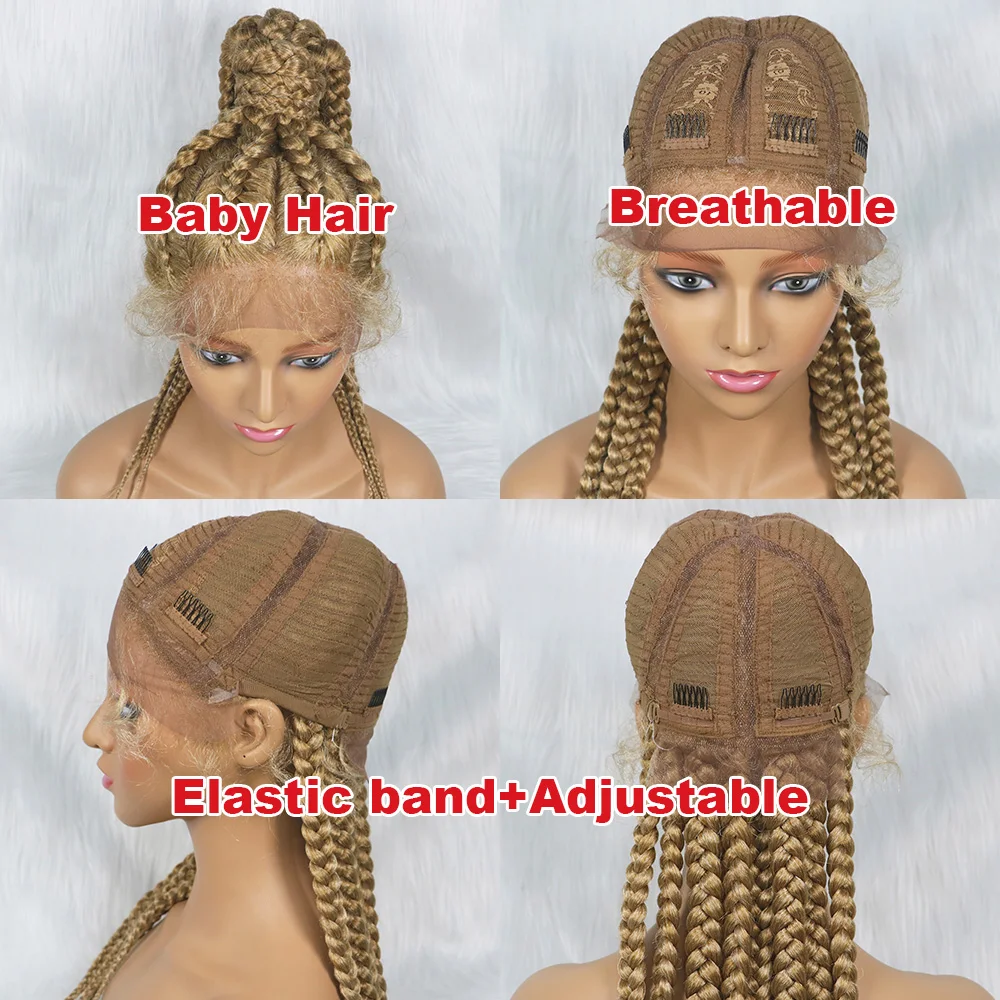 Blonde Synthetic Braided Wigs with Baby Hair Ponytail Braids Wigs for Women High Ponytail Honey Color Wigs