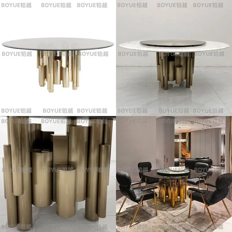 Italian Modern Luxury Dining Table with Tempered Glass Marble Top and Turntable High End Villa Furniture Round Kitchen Desk