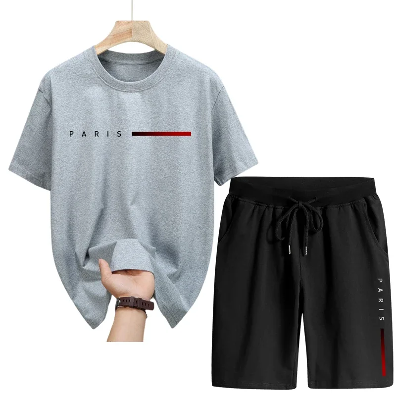 الصيف Hot البيع الرجال مجموعة عالية الجودة القطن الخالص تي شيرت سريعة الجافة السراويل باريس موضة مطبوعة رياضية الذكور ملابس غير رسمية