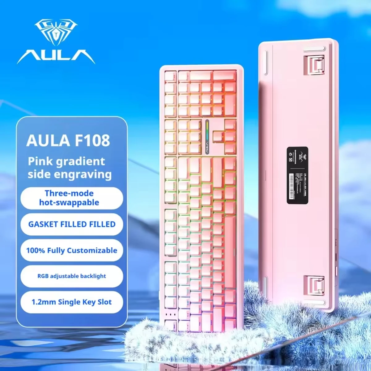 

AULA F108 Беспроводная Bluetooth-клавиатура Макро игровая клавиатура Прокладка с горячей заменой Полноразмерная линейная клавиатура с переключателем Игровой аксессуар