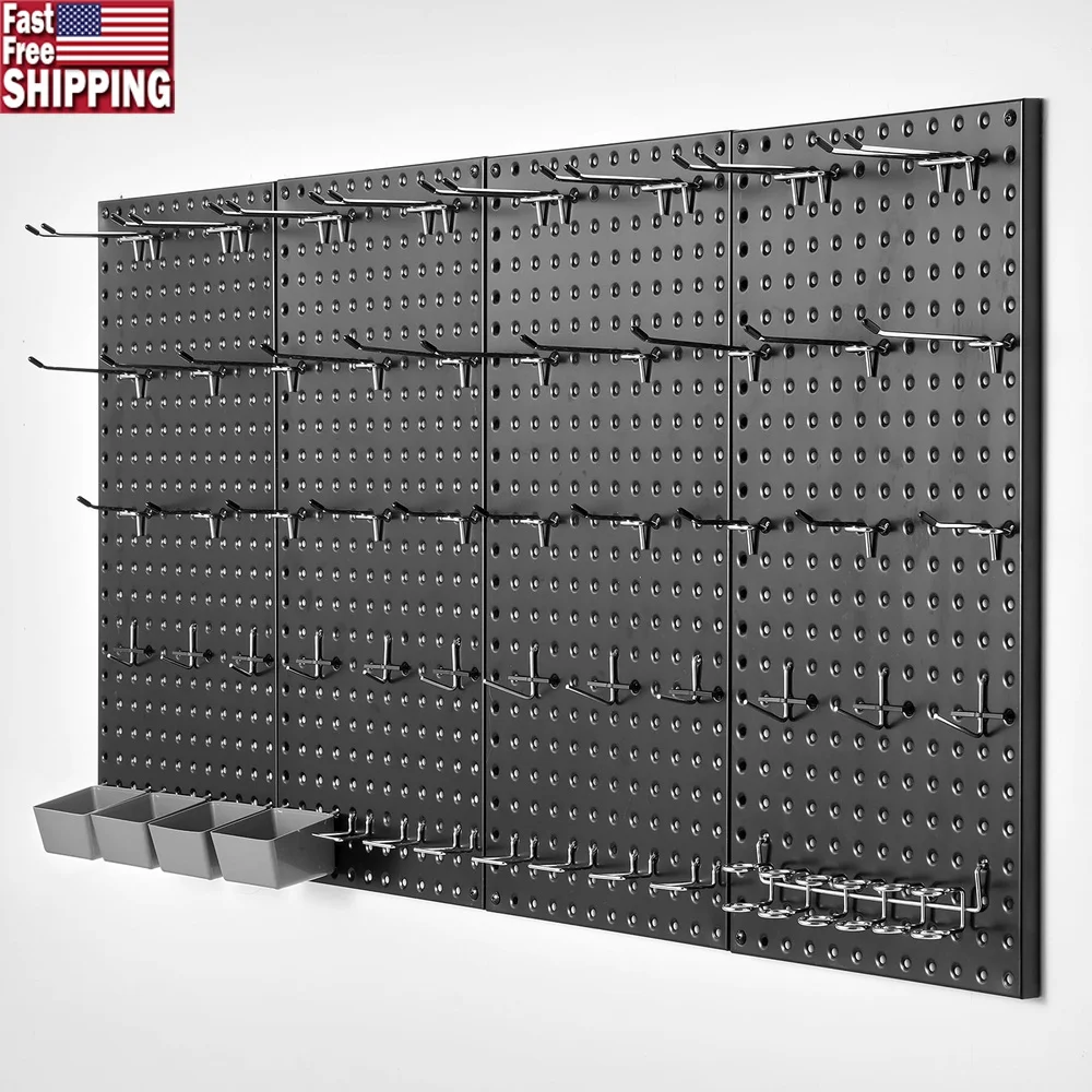 

Metal Pegboard Wall Panels Set of 4 Heavy Duty Organizer Garage Workshop Home Storage with Hooks Bins Easy Install