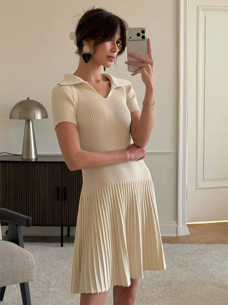 

Trendix Women Basic Knit Dress 2026 Summer Slim High Waist Splice Short Sleeve Midi Dresses Holiday Vintage Party Elegant Dress