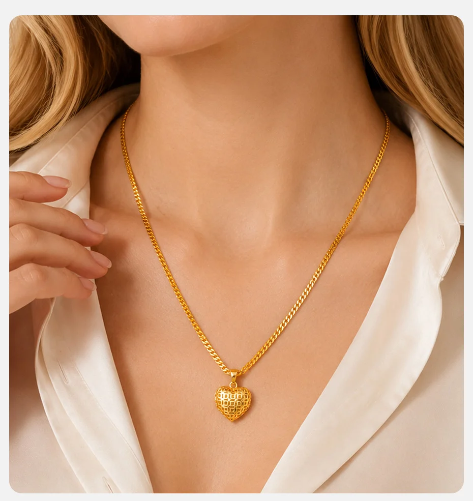 Vnox Minimalistischer Ausgehöhlter Herz-Creolen-Anhänger Halskette Klassischer Vergoldeter Brautschmuck für Hochzeiten – Detail 8