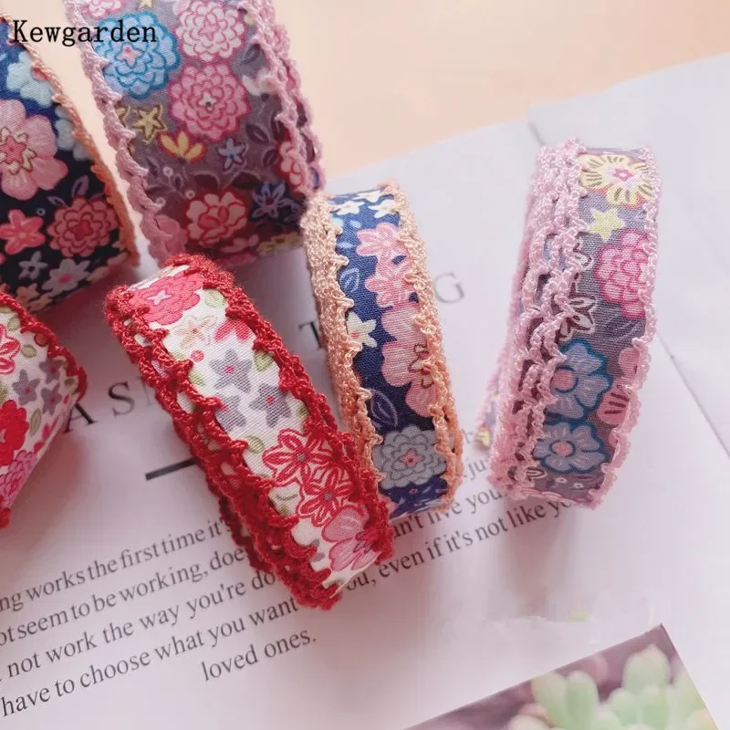 Kewgarden DIY Bows Hair Accessories 32mm 12mm Print Floral Overlock Edge Ribbon Handmade Tape Sewing Crafts 5 Meters