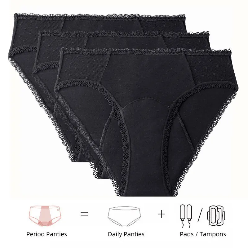 

3pcs 4 Layers Menstrual Panties Bamboo Fiber Panties Women's Panties Heavy Flow Absorbent Waterproof Lace Trimmed Panties