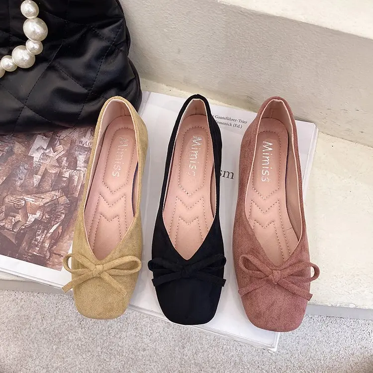 Women Flats Slip on Flat Shoes Round Toe Shallow Butterfly-knot Ballerina Slip on Loafers Faux Suede Lady Ballet Plus Size 35-40