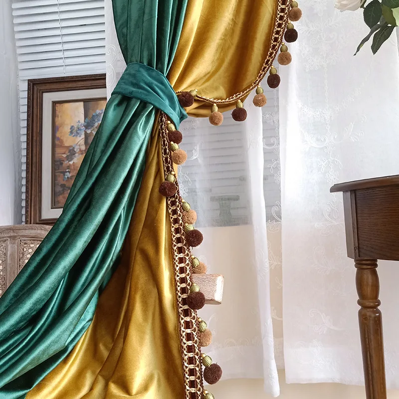 Luxury American-style Retro Velvet Curtain for Living Room Bedroom Dark Green Gold Curtain Color Splicing Flannel Curtain Custom