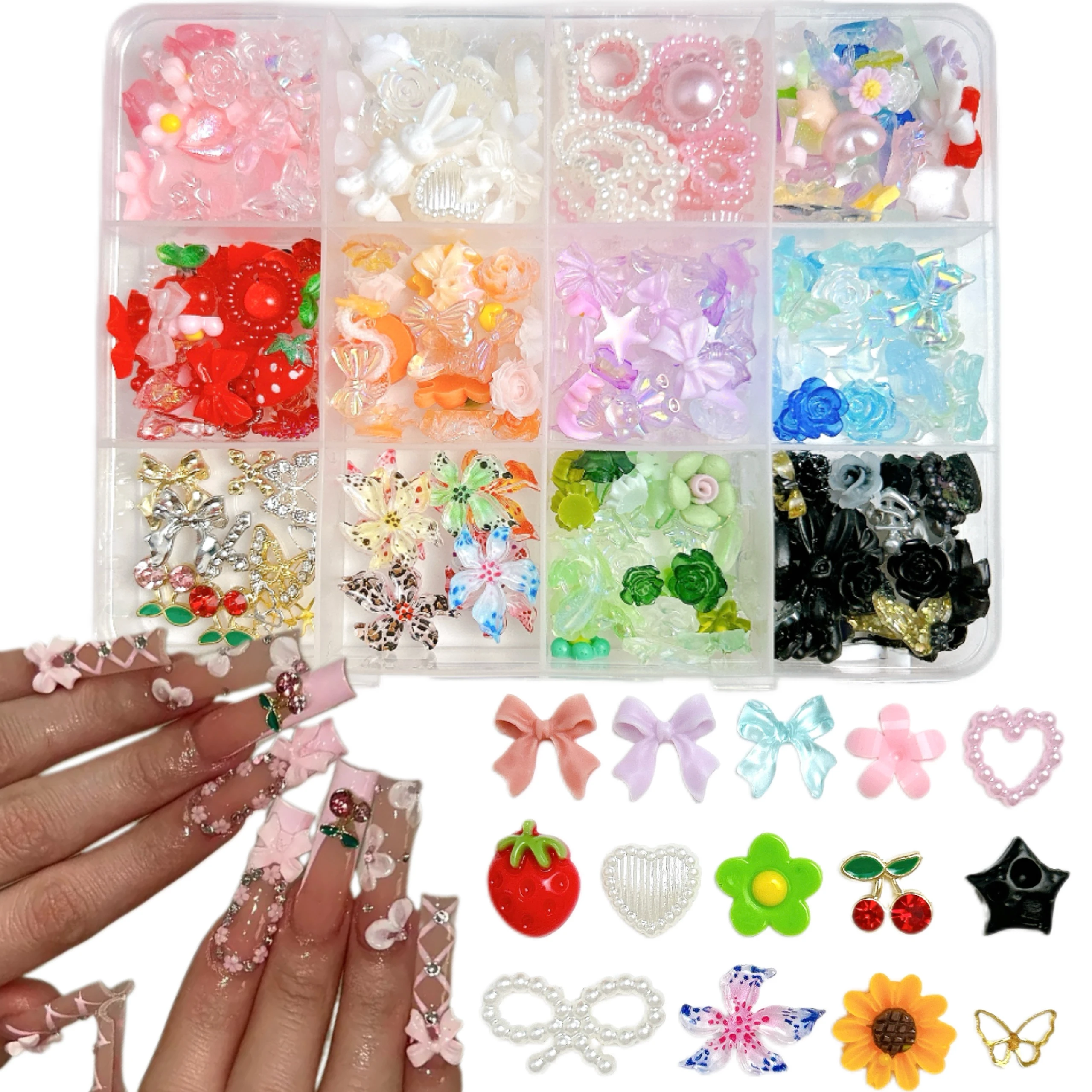 1箱単色ミニマリスト風リアルパールネイルチャーム3DスイートボウフラワーミニラインストーンミックスネイルアートデコレーションDIY
