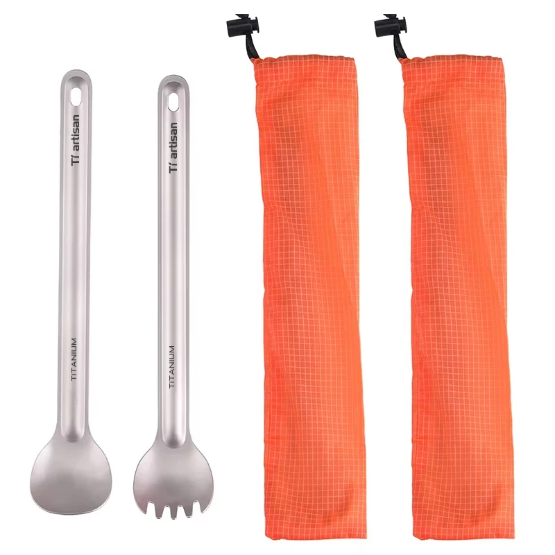 Tiartisan Pure Titanium Cutlery Ultralight Long Handle Spoon Spork Outdoor Camping Portable 2pcs Tableware Set With Storage Bag