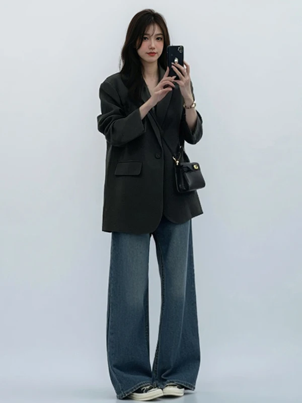 Gray Oversize Shoulder Pad Suit Jacket Women's Casual Loose Fit Spring Autumn High-End Style Polyester Fiber Long Sleeve
