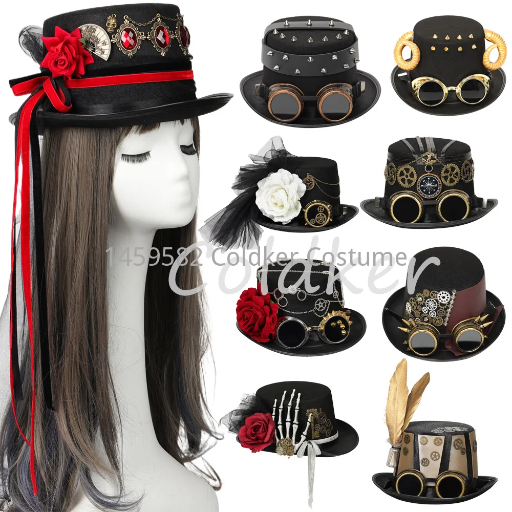 Unisex Retro Style Steampunk Top Hat Metal  Rose Gothic Rivet Wide Brim Head Wear Gears for Jazz Cosplay Halloween Fancy Dress