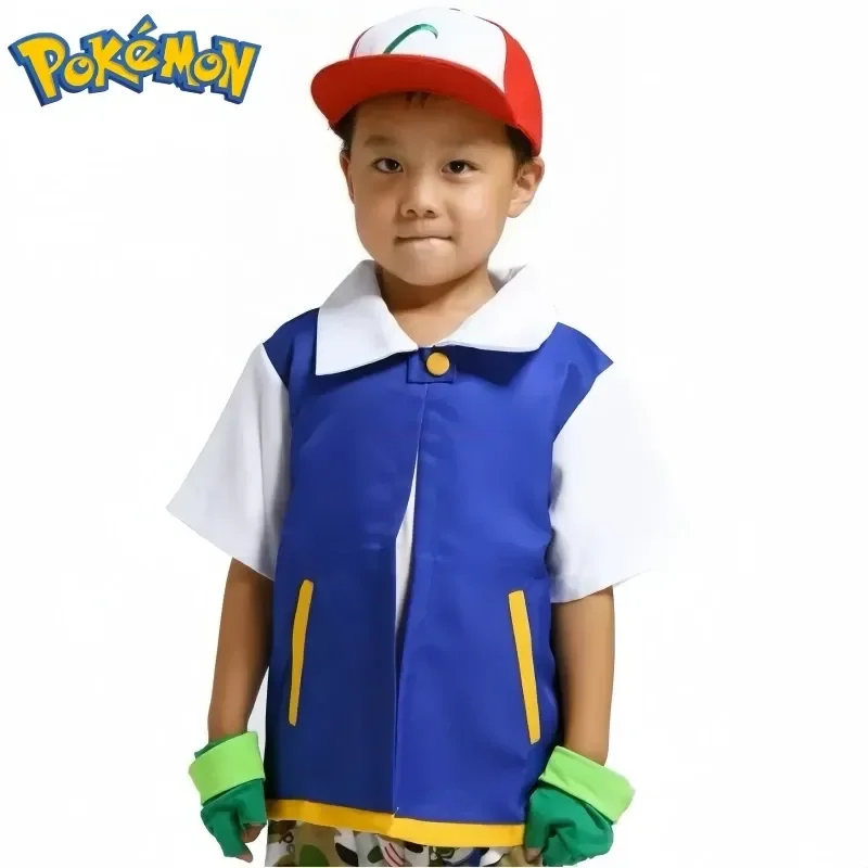 Anime Blue Jacket Pokemon Men Cosplay Costume Boys  Ash Ketchum For Halloween Party Trainer Gloves And Cap Set Christmas Gift