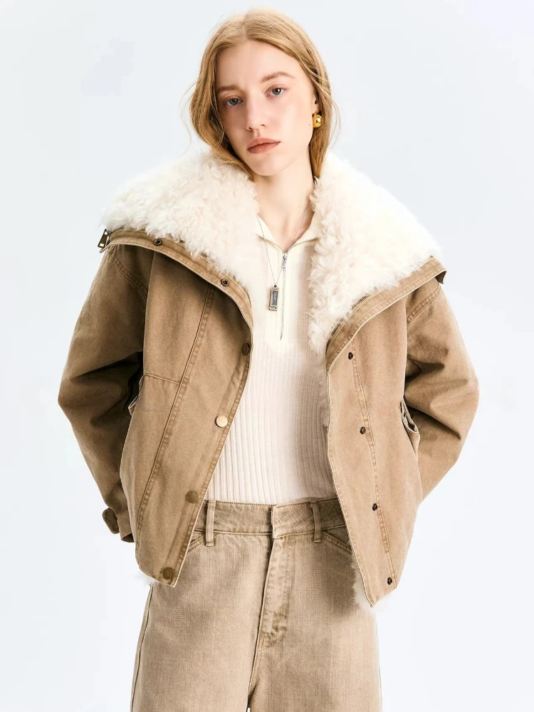 

Natural Toscana Lamb Fur Collar Goose Down Jacket for Women 2026 New High-end Simple Vintage Washed Denim Short Winter Down Coat