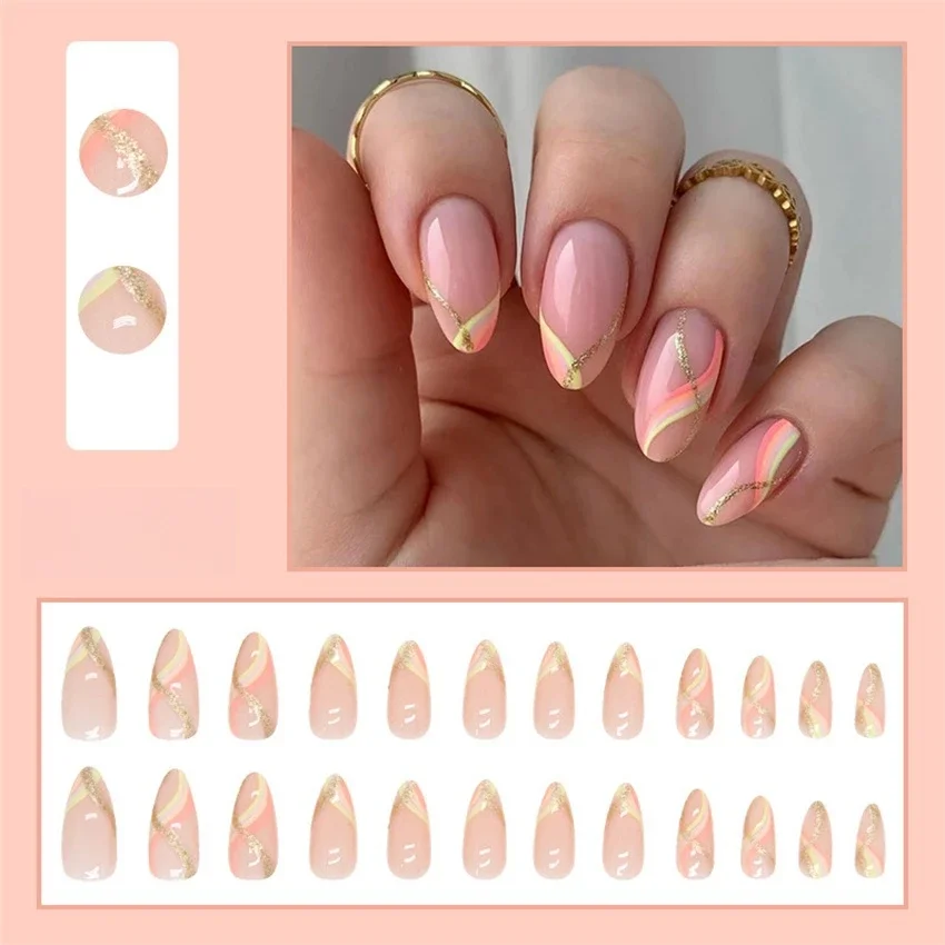 

24Pcs/Set Almond Fashion Stick Wearing False Nails Removable Warm Gold Pink Stripe Press on Nails Full Coverage Fake Nails Tips