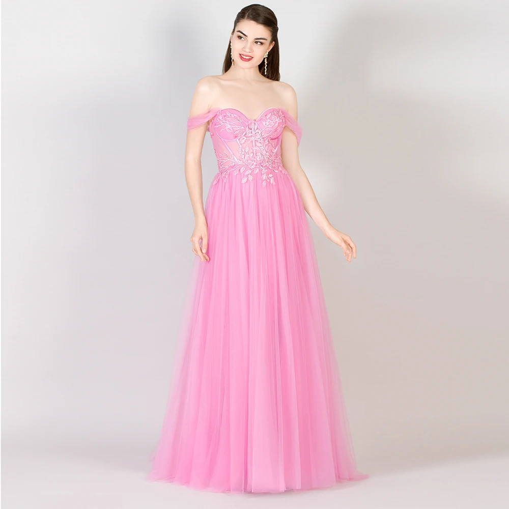 

Sweetheart A-Line Evening Dresses Off The Shoulder Lace Appliques Long Prom Gown Backless High Split Tulle Pink Party Dress