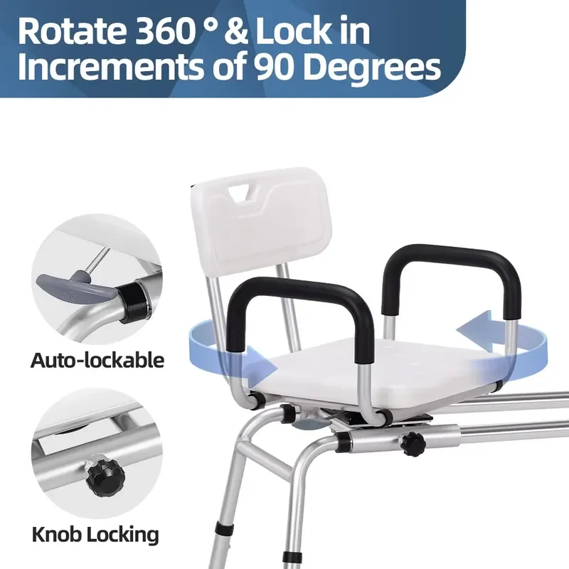 for Tub Transfer Bench 360 Swivel Shower Chair Waterproof Armrests Non Slip Pads 350lbs Post Op Recovery Mobility Impaired