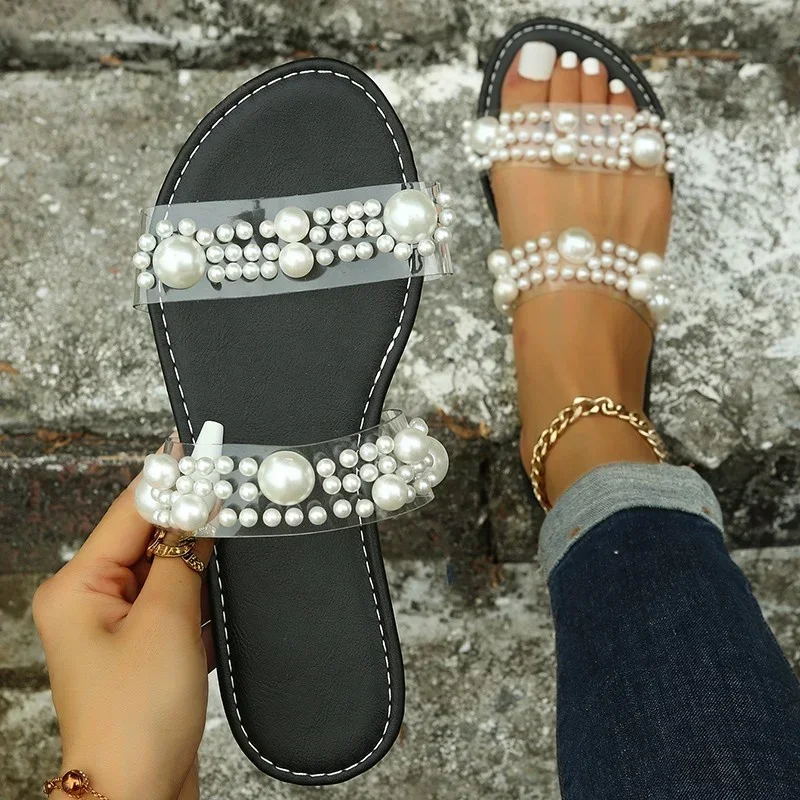 Bohemian Sandals Women Slippers Sexy Transparent Band Flat Pearl Versatile Outdoor Flip-flops Beach Shoe Женские тапочки