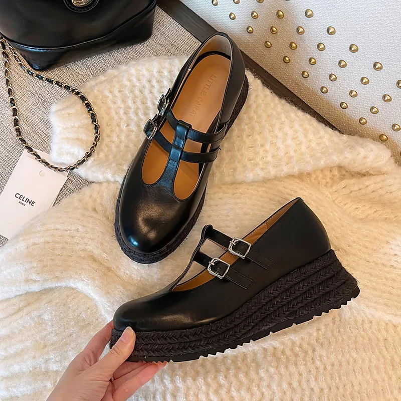 

MKKHOU модные туфли-лодочки, новые туфли из натуральной кожи высокого качества, туфли с круглой головкой на толстой подошве, туфли Мэри Джейн, женская обувь из соломенной ткани