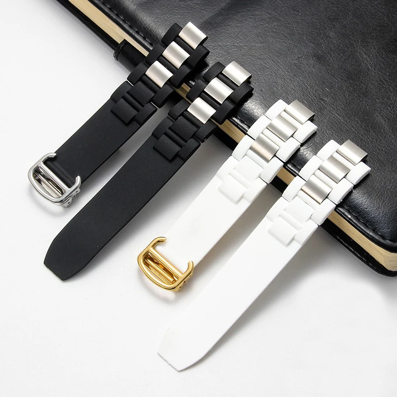 Браслет с резиновым ремешком 20 мм x 10 мм, черный, белый, силиконовый ремешок для часов, складная пряжка, сменная цепочка для часов для Cartier 21 Chronoscaph