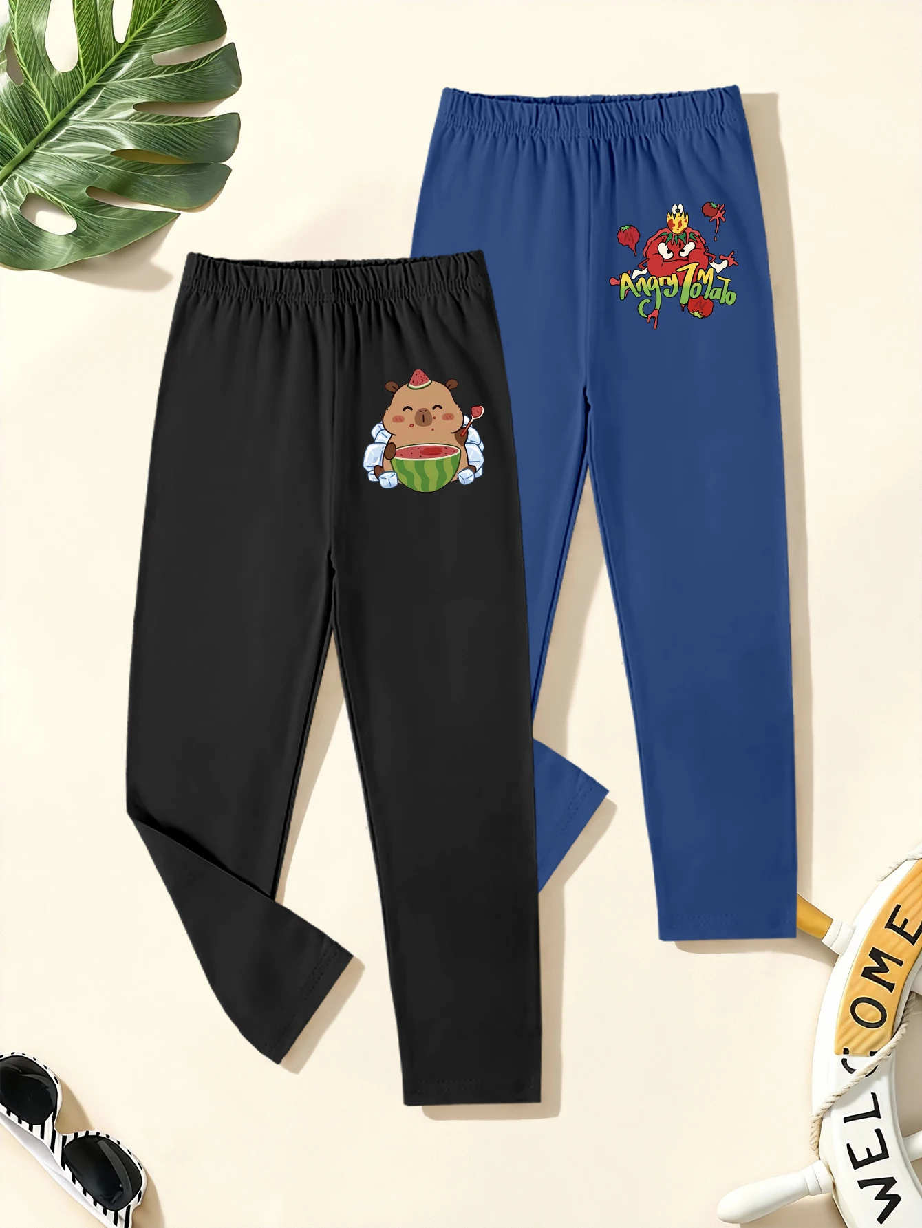 

2 Pieces, Cartoon Capybara, Cartoon Tomato Pattern Print, Boys' Casual Leggings