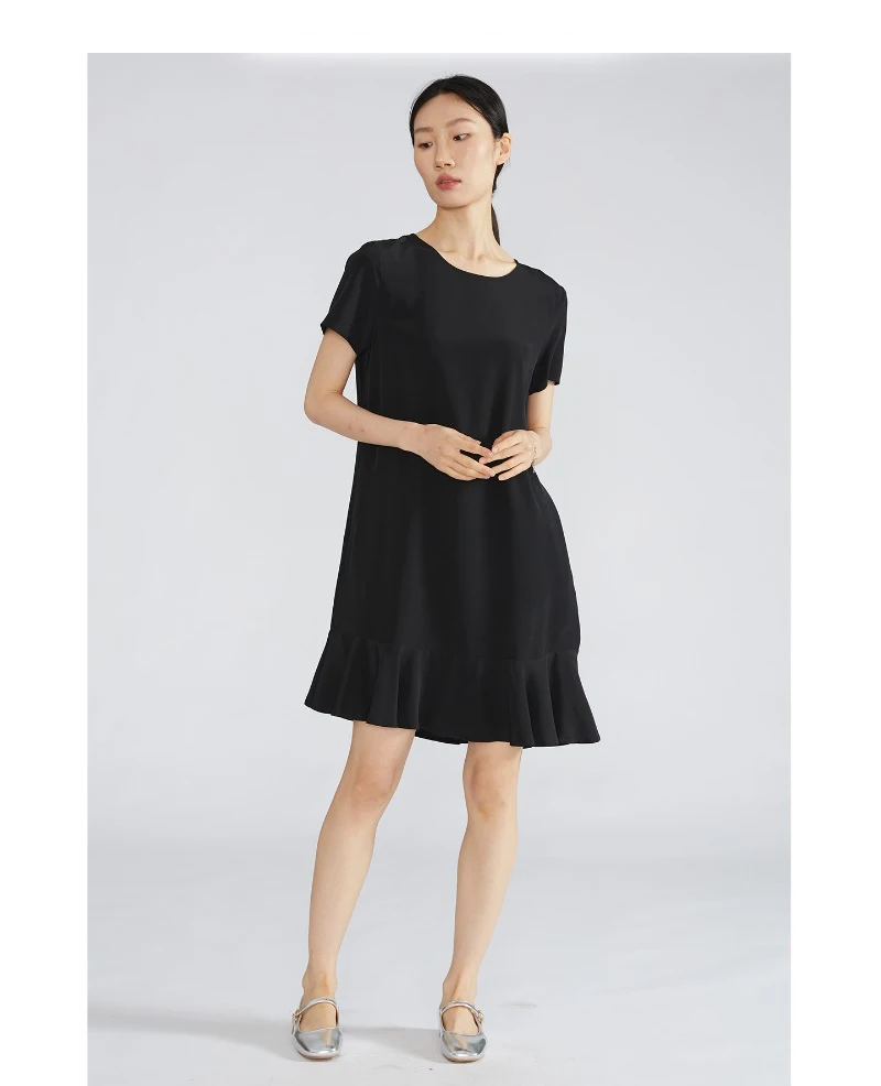 Luxury 30MM Heavyweight 100% Natural Mulberry Silk Satin Ruffled Women's Black Fashionable Round Neck Short Sleeved Dress