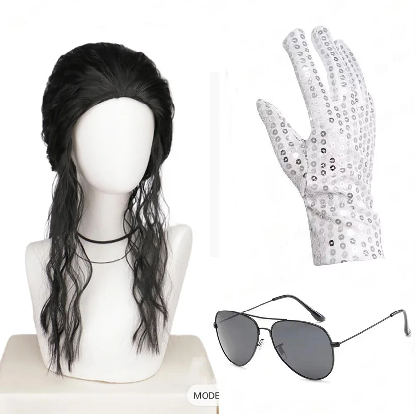Synthetische schwarze Mullet-Perücke für Herren + Brille + Handschuh, lange lockige 70er-80er-Rocker-Star-Punk-Perücke, Party, Halloween, Michael Jackson, Cosplay-Perücke