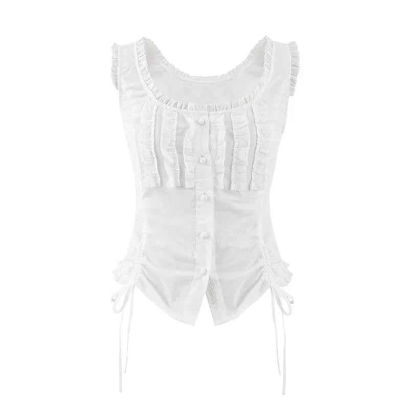 Pure White Sleeveless 2023 New Summer Vest-style Lace-up Round Neck Lace Drawstring Y2k Top with A T-shirt Inside and A Bottom