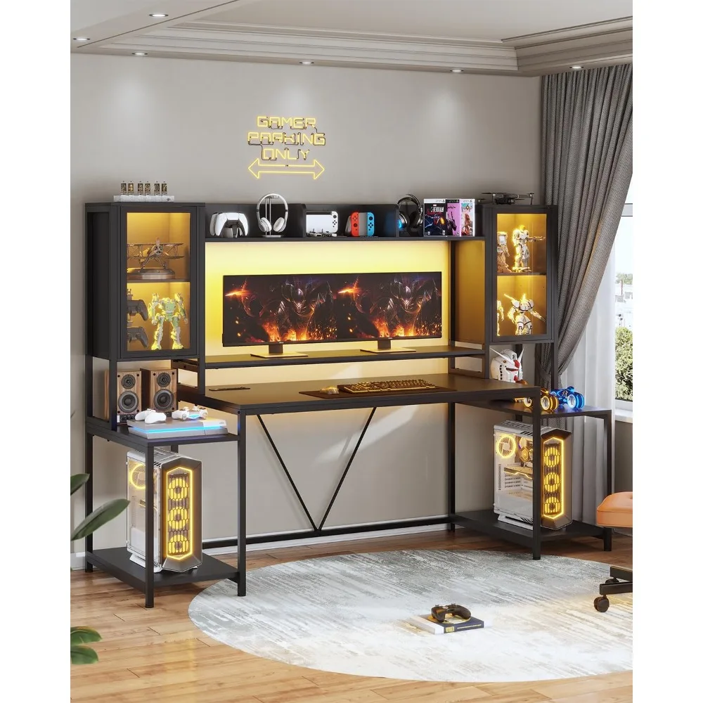 مكتب ألعاب 74.8 بوصة مزود بمصابيح LED وأرفف تخزين وحامل شاشة ومكتب كمبيوتر كبير لألعاب الكمبيوتر #3