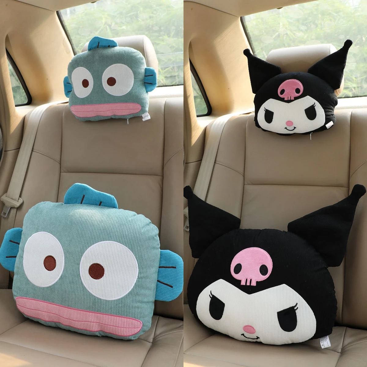 Sanrio Vintage Style Kuromi Hangyodon Back Cushion Car Headrest Thickened Corduroy Stuffed Anime Throw Pillow Sofa Home Decor