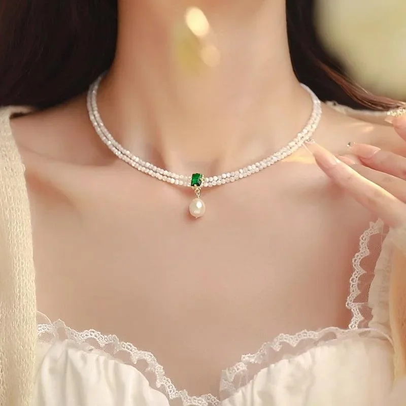 Minar Vintage White Natural Shell Green CZ Zircon Beaded Necklace for Women Double Layered Freshwater Pearl Chokers Necklaces