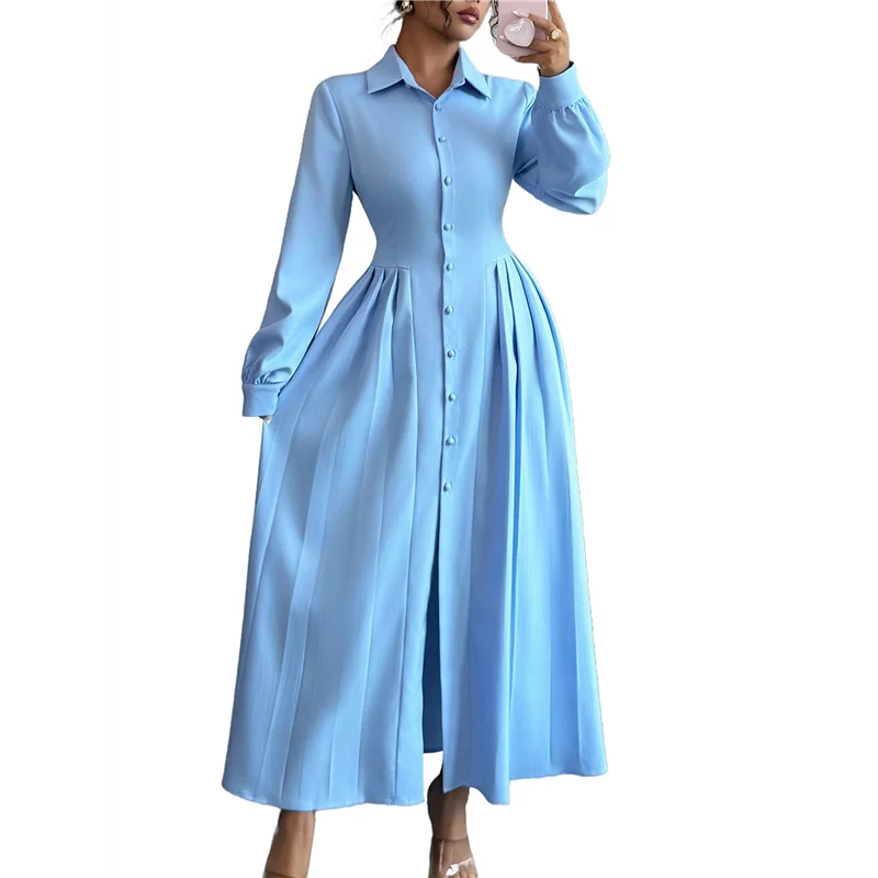 ABRT-فستان نسائي طويل الأكمام بأزرار سفلية فستان ماكسي سوينغ فستان عمل كوكتيل #1