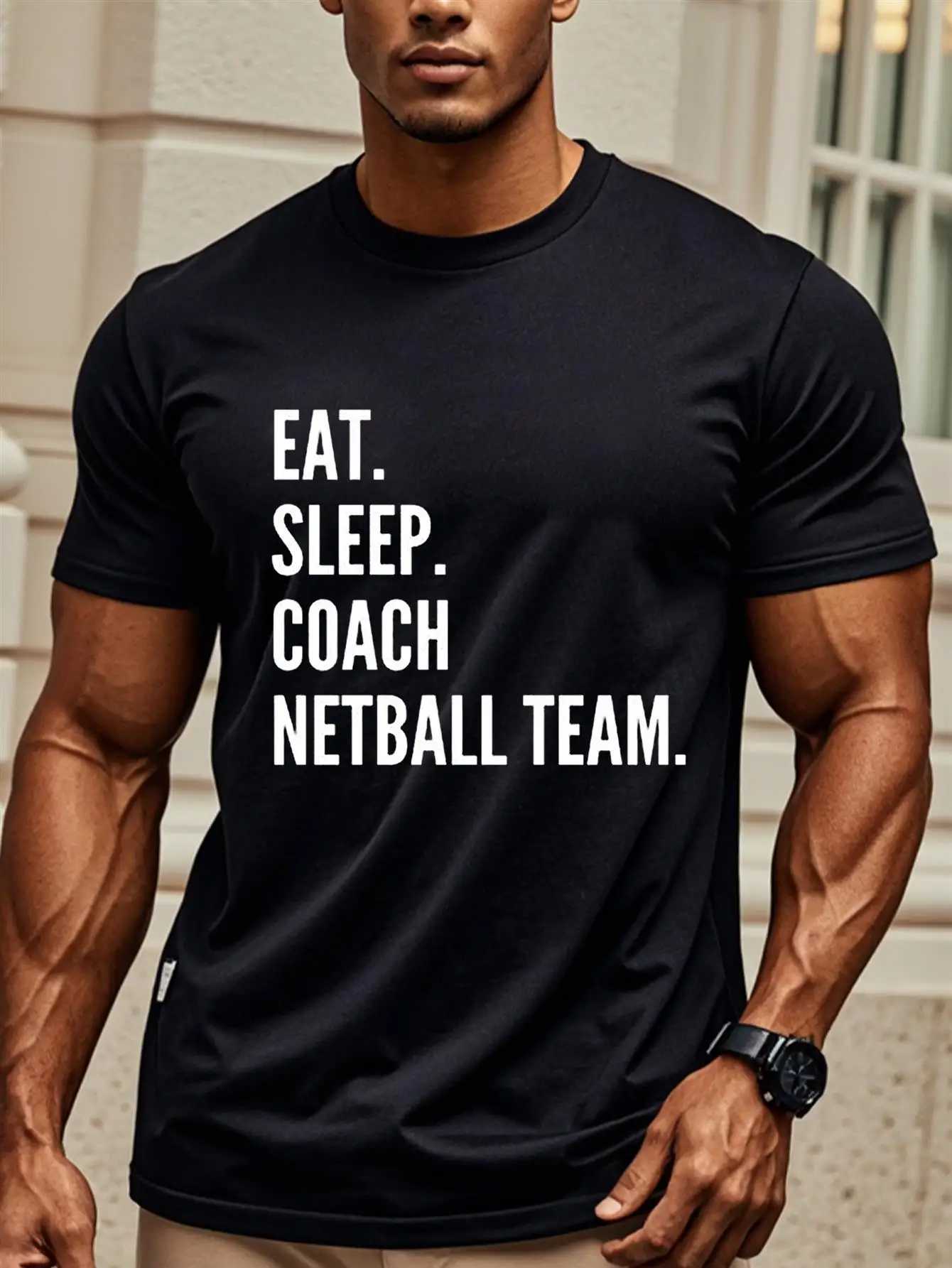 Camiseta divertida para hombre con eslogan de entrenador de netball, Eat Sleep Coach Netball Team, 100% algodón, ropa de gimnasio y vestimenta informal