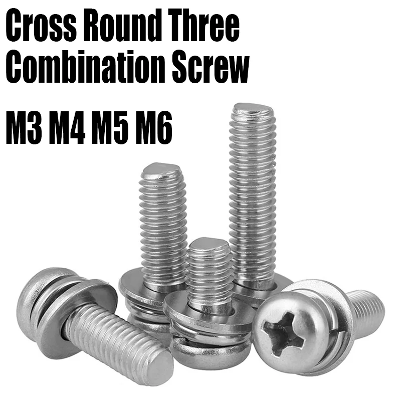 10PCS M3 M4 M5 M6 6mm-30mm 316 Stainless Steel Cross Round Three Combination Screw Phillips Pan Head Screw With Washer