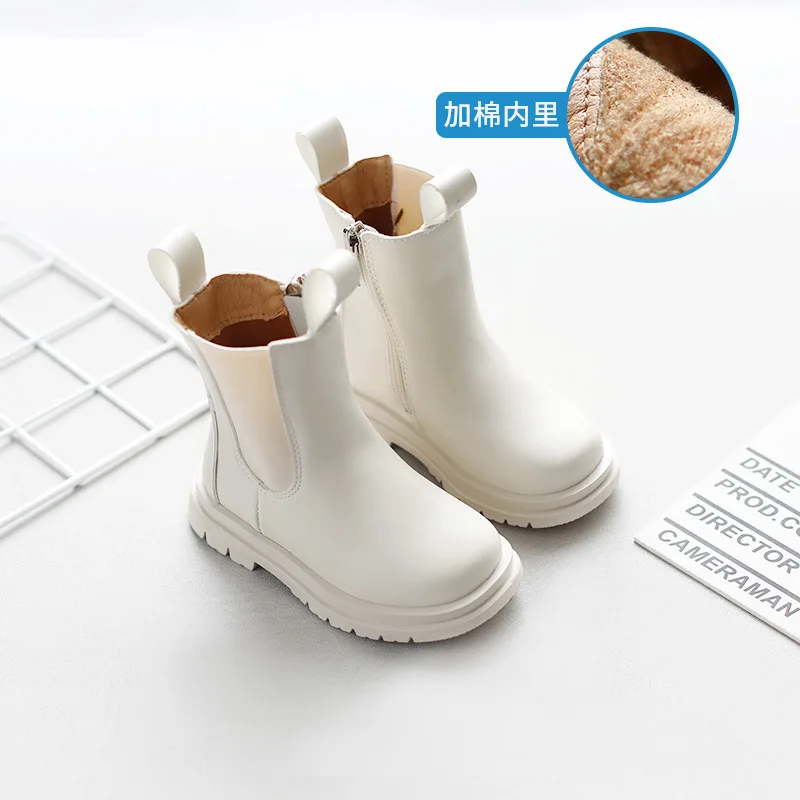 Size 26-36 Kids Spring Winter Chelsea Shoes Thick bottom Waterproof White Cotton Boots British Style Girls Toddler Short Boots