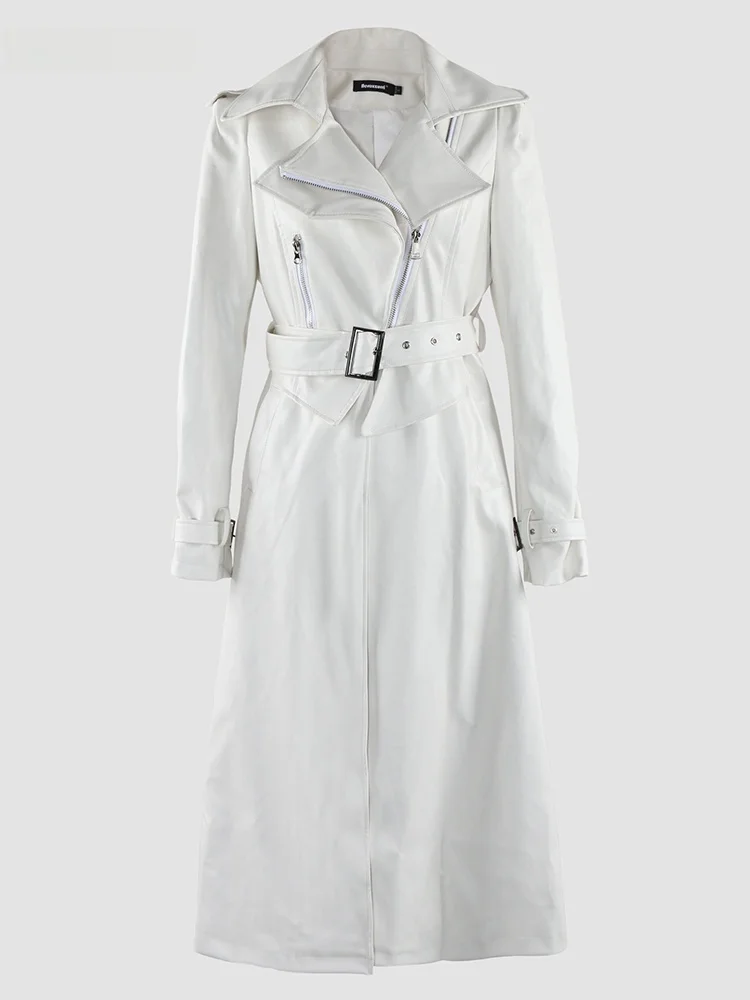 

Nerazzurri PU Leather Jaet Women's Trendy Outerwear 2023 New Long Zipper Sle Commute Faion Water Waed Leather