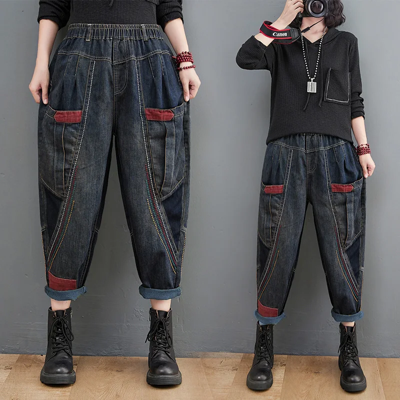

High Waist Thiened Harlan Jeans Women's Autumn Winter Loose plus Size Fce Lined Cotton Stretch Denim Slimming Pants
