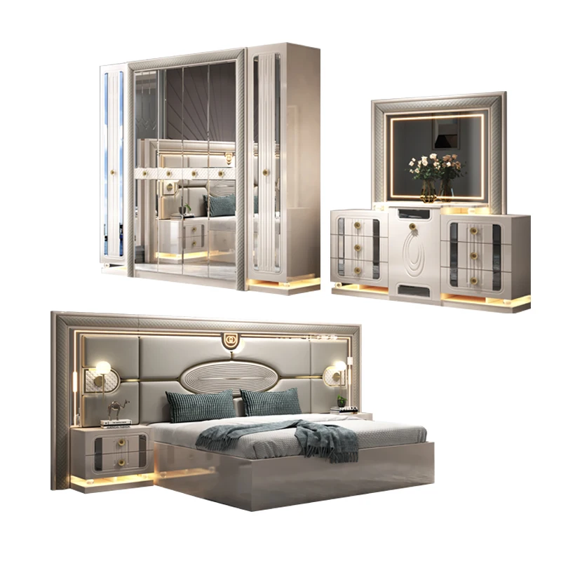 &Modern Luxury Wood Frame Double King Size Bed Set Villa Home Master Room Queen Leather Wooden Mdf Full Furniture Bedroom Sets