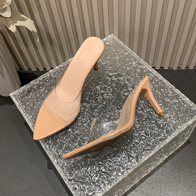 Simple Mid-heel Pointed Slippers Women Sandals 2025 Summer High-heeled Womens Shoes Sexy Outside Modern Fashion Slides Size 42