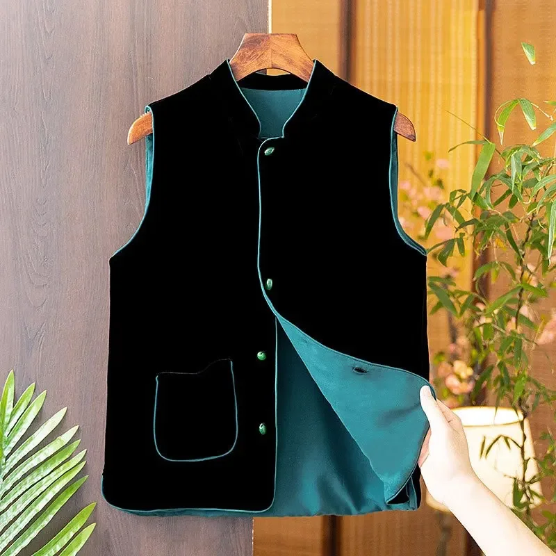 

2025 Autumn Vintage Chinese Style Trendy Silk Velvet Vest Womens Top Shoulder Jacket Crew Neck Design Ladies Waistcoat Outerwear