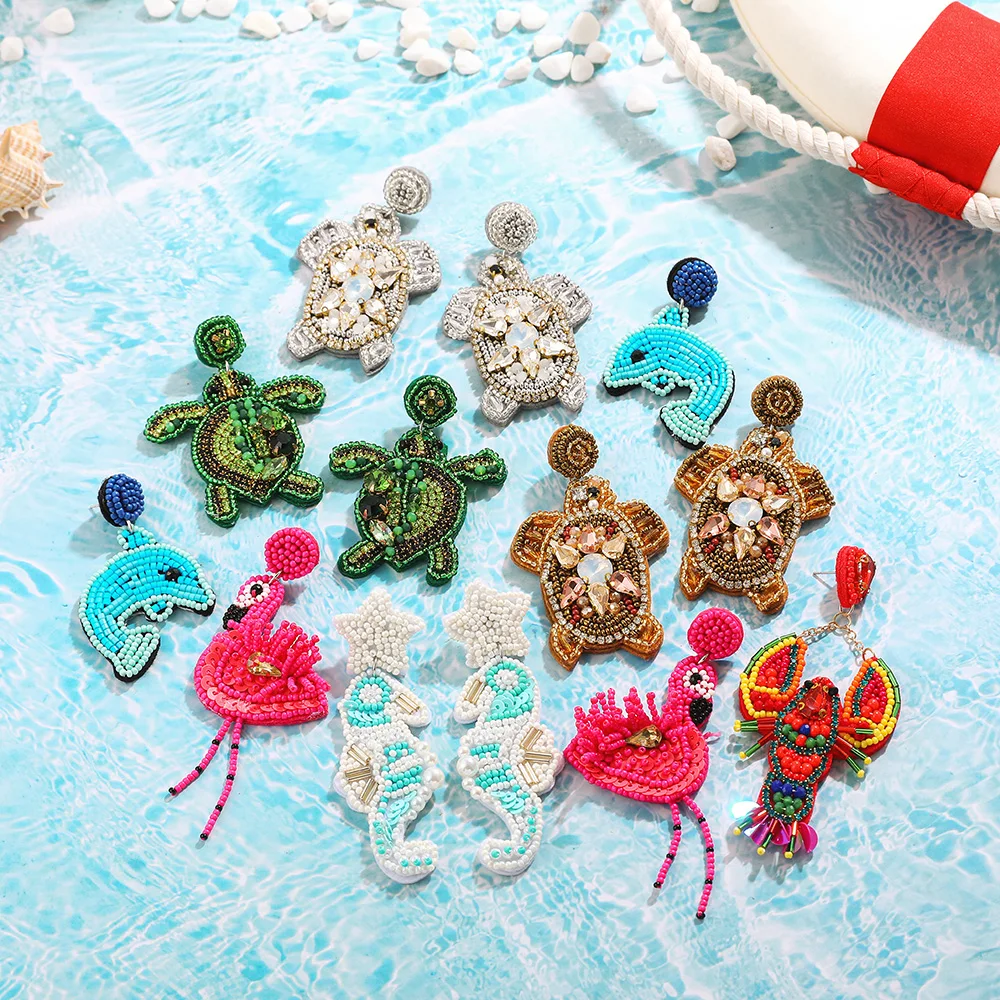 Bohemian Handmade Ocean Blue Turtle Shell Drop Dangle Earrings for Women Starfish Lobster Stone Summer Beach Piercing Earrings