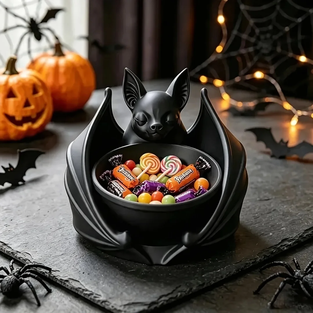 3D Printed Gothic Bat Candy Bowl Black Vampire Storage Holder Keys Jewelry Desk Tray Halloween Christmas Party Decor